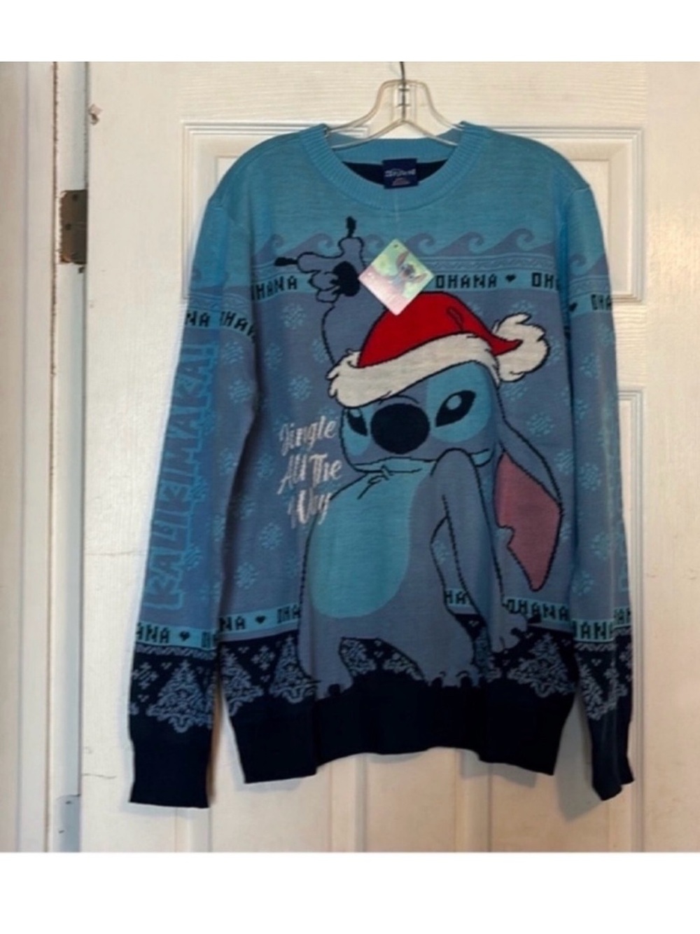 NWT Disney Light Blue Stitch Holiday Crewneck Sweater with Red Santa Hat